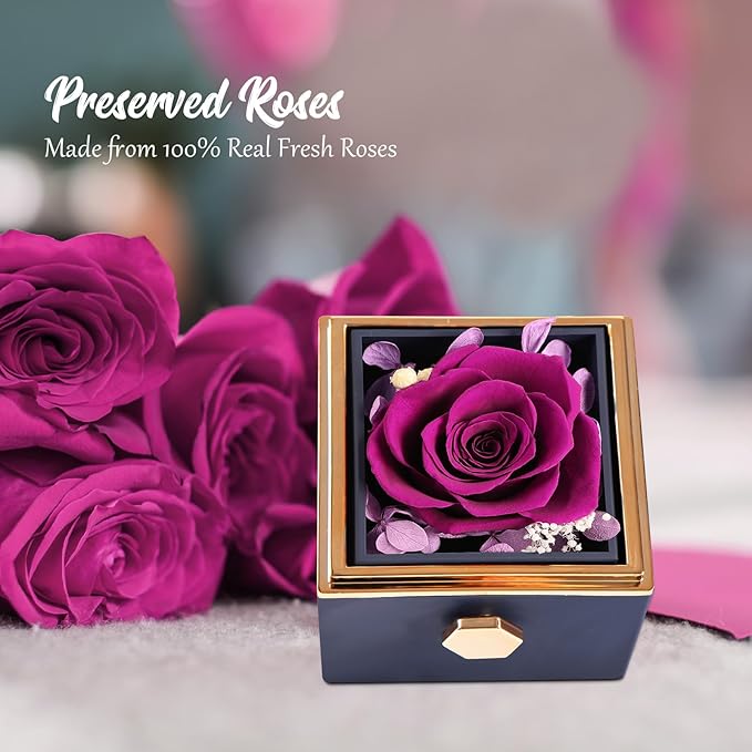Preserved Real Purple Forever Rose Rotating Box with I Love You Necklace 100 Languages,Forever Flowers Rotating Jewelry Box Gifts for Women Mom Wife Girlfriend,Mothers Day Birthday Anniversary