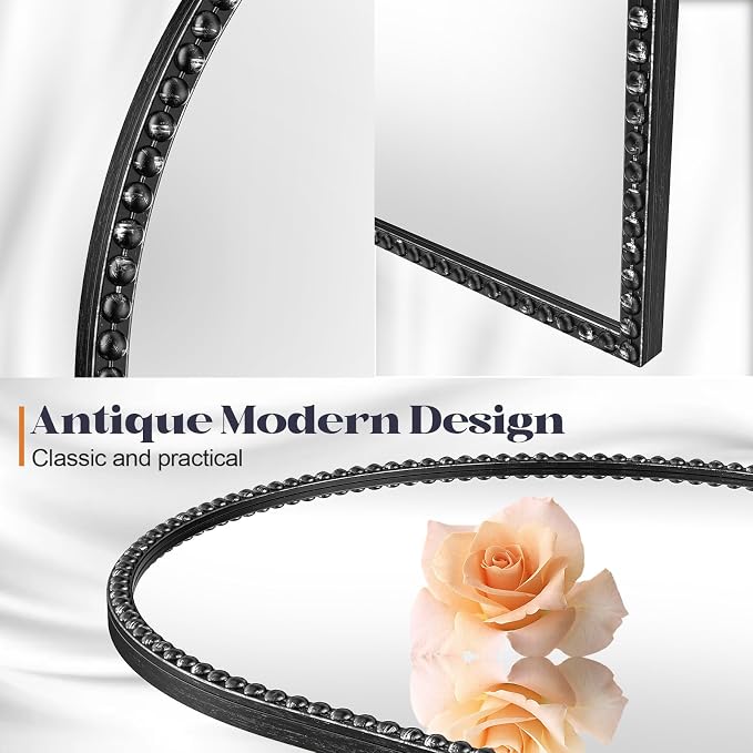 Arched Mirror for Bathroom, 24"x36" Black Arch Wall Mirror, Retro Black Metal Beaded Frame Decorative Mirror for Vanity Accent Bedroom Living Room Entryway Mantel