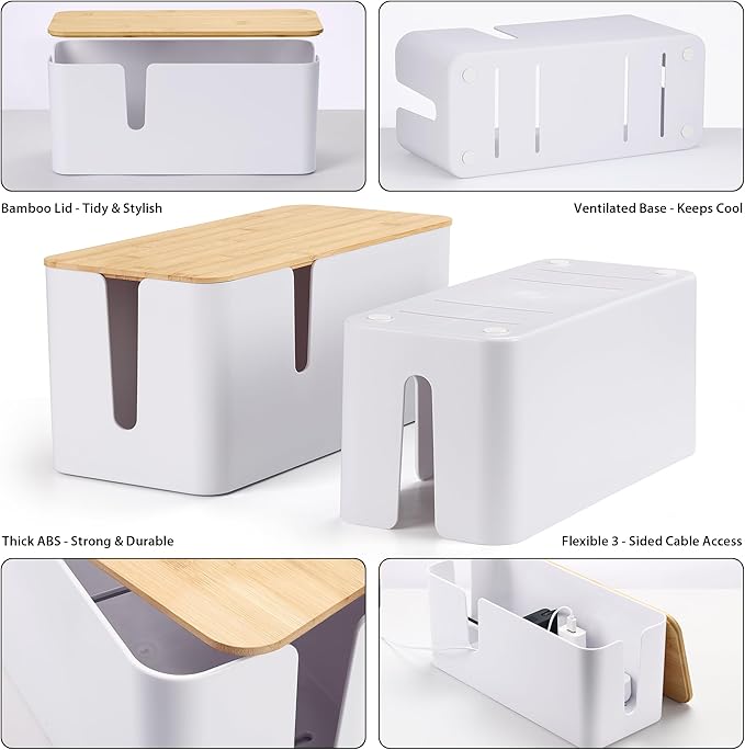 ZhiYo Bamboo Lid Cord Organizer Box, 2Pack Large Cable Management Box, Safe ABS Wire Organizer for TV and Computer, Wood Cover Cord Hider to Hide Wires, USB Hub & Under Desk Power Strip, White