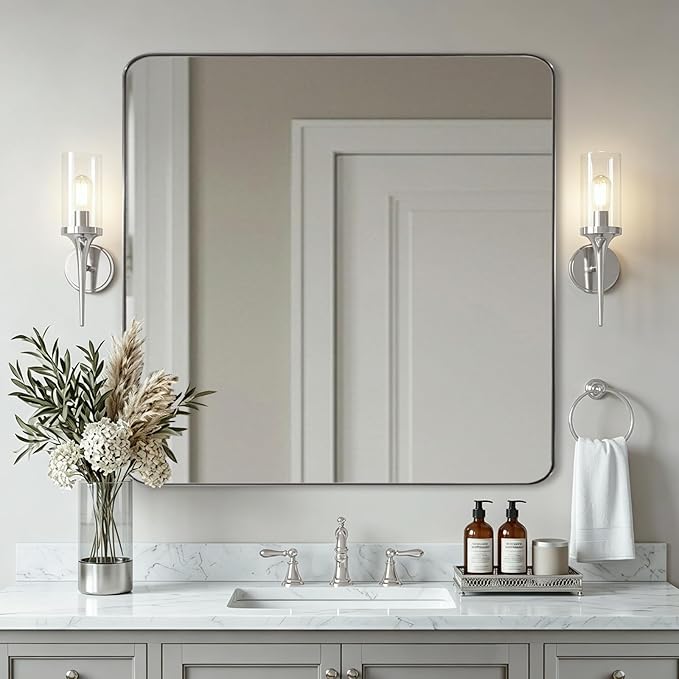 ANDY STAR Square Brushed Nickel Mirror for Bathroom, 24”x24” Silver Metal Frame Wall Mirror, Rounded Corner Stainless Steel Hangs Horizontal Or Vertical