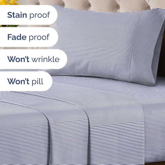 Blue and White Striped Sheets - 1 Flat & 1 Fitted Sheet & 1 Pillowcase w/ Deep Pockets - Cozy, Wrinkle & Fade Resistant - Ultra-Soft, Breathable and Cooling - Luxury Pinstripe Bedding - Twin Size