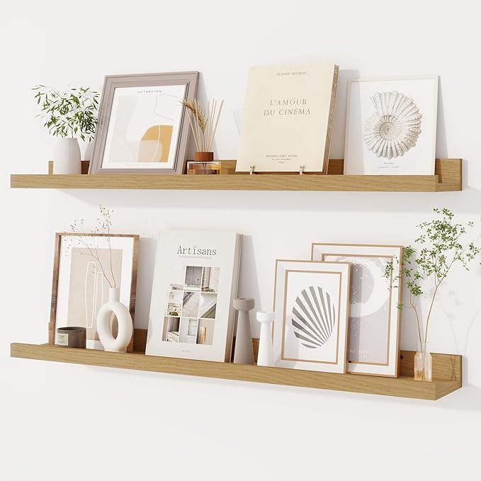 Dreamland Picture Ledge Shelf for Wall, Floating Shelves Set of 2, 32 Inch Long Floating Shelves with Lip for Living Room, Bedroom, Bathroom, Kitchen, Oak