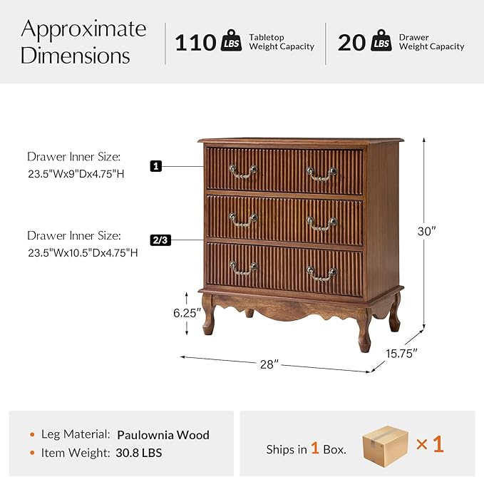 HULALA HOME Transitional Side Table with 3 Drawers and Charging Station, 28" Solid Paulownia Wood Sidetable with Vertical Stripe, Cherry