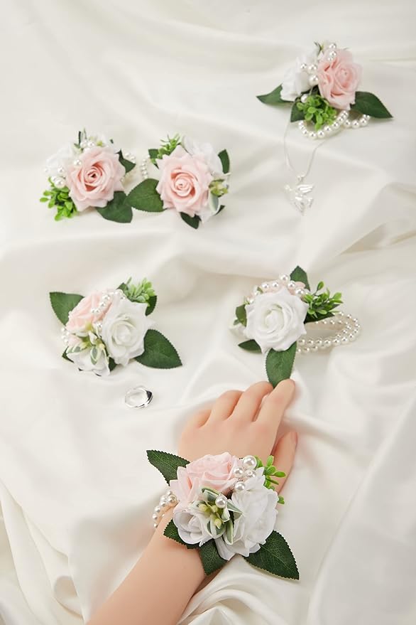 Meldel Wrist Corsage for Wedding White and Pink Rose, Set of 6, Wrist Corsages for Bride Bridesmaid Mother Wrist Flower Girl Women Prom Party, Homecoming Ceremony Anniversary