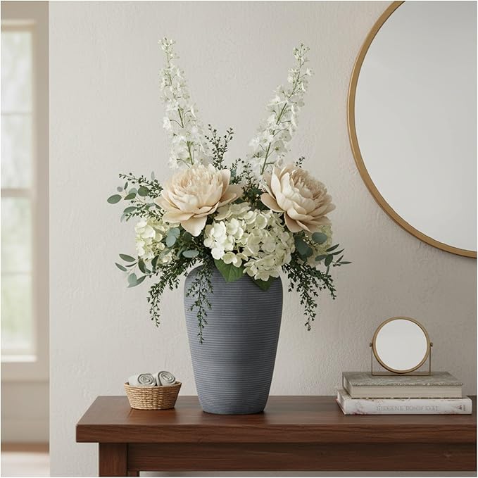 Ceramic Rustic Flower Vase,11 Inch Large Farmhouse Vases Home Decor Pottery Floral Vase Decorations for Living Room Handmade Vintage Vases for Bedroom Decor for Entryway Table Mantel Kitchen-Black