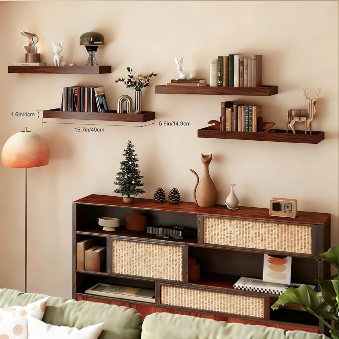 Floating Shelves for Wall, Wooden Wall Shelves for Bedroom Living Room Kitchen, Modern and Rustic Bathroom Shelves with Raised Lip, Decor Floating Shelf for Storage (Walnut-Like,2 Set,15.7 in)