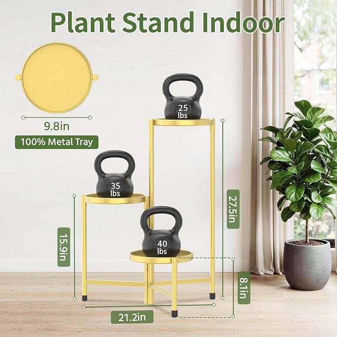 LASZOLA 3 Tier Large Plant Stand Indoor Tall with 10 Inch Metal Tray, Corner Folding Flower Display Rack, Modern Plant Holder Shelf for Outdoor Patio Porch Garden Office Living Room, Gold