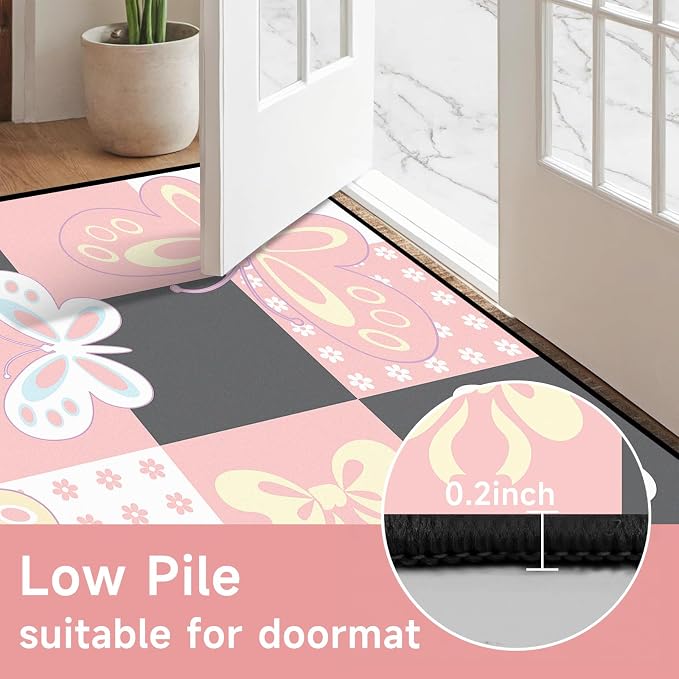 5'x7' Butterfly Area Rug Pink Butterfly Checkered Rugs for Bedroom Living Room Nursery Kitchen Playroom Home Decor Cute Flower Carpet Washable Non Slip Floor Mat
