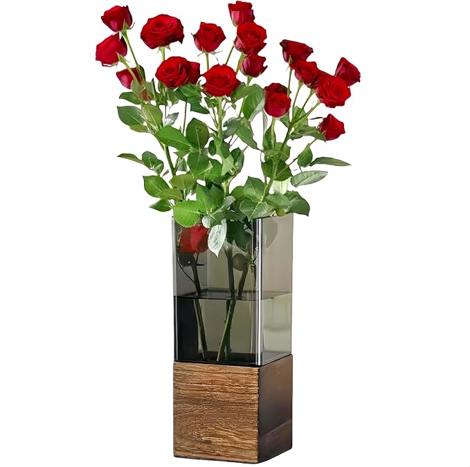Shatterproof Acrylic Flower Vase with Wood Base–10”H*4.7''W Modern Table Centerpiece for Home Office Decor, Holds Fresh/Dried Stems, Lightweight&Stable, Present for Housewarming Christmas(Rectangular)