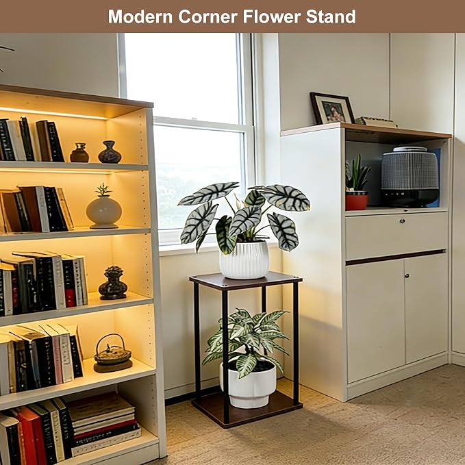Vigordream Plant Stand Indoor Outdoor 2 Tier Metal Plant Shelf Tall Pedestal Stand Flower Pot Stands Multiple Planter Support Rack for Corner Living Room, Balcony, Garden Patio (Retro Brown, 17 INCH)