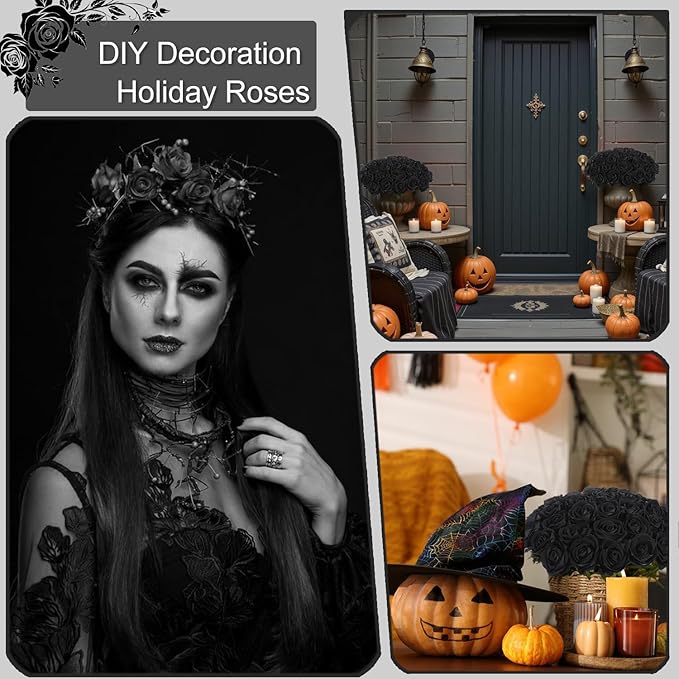 12Pcs Black Roses Artificial Flowers Fake Roses Faux Velvet Silk Flower for Home Wedding Decoration (Pearl Rose, Black)