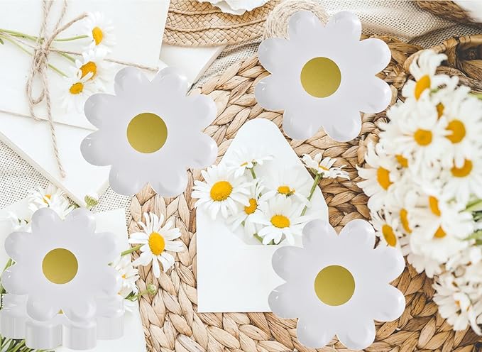 40pcs Daisy Paper Plates Disposable Daisy Flower Shaped Dinner Plates Groovy Party Plates Summer Retro Boho Hippie Dessert Paper Tray for Birthday Wedding Party Supplies (7 inch/White Daisy)