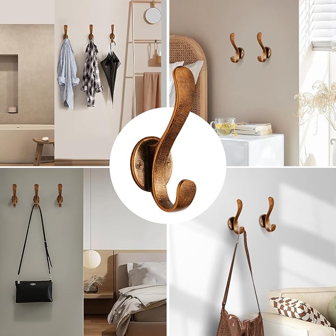 Coat Hooks Heavy Duty - Wall Mount Metal Towel Hooks Screw-in Wall Hooks for Hanging Hat, Towel, Key, Robe, Scarf, Bag, Cap (6 PCS Bronze)