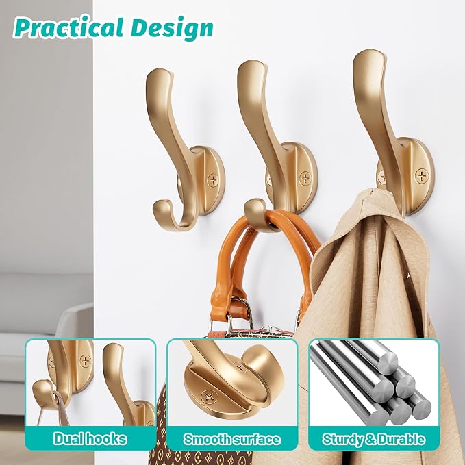 Coat Hooks Heavy Duty - Easy to Install Metal Towel Hooks Fashionable Wall Hooks for Hanging Hat, Towel, Key, Robe, Scarf, Bag, Cap (10 PCS Gold)