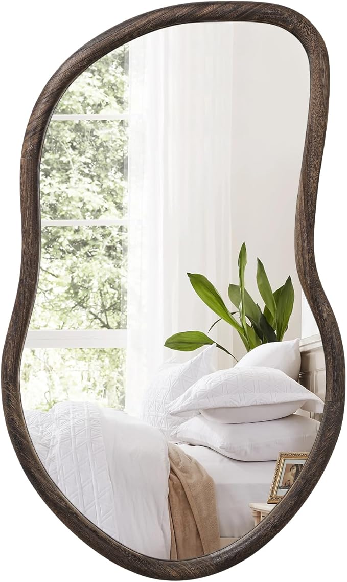 Asymmetrical Wall Mirror Rustic Brown Farmhouse Irregular Mirrors Wood Framed Mirror for Wall Wall Mirrors Decorative Hanging Mirrors for Wall Living Room Bedroom Entryway