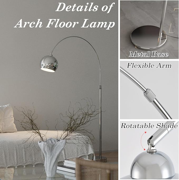 MIXL-Chrome Arc Floor Lamp,Arc Floor Lamps for Living Room,Adjustable Reading Standing Light,Modern Arch Standing Lamp for Bedroom Study Room