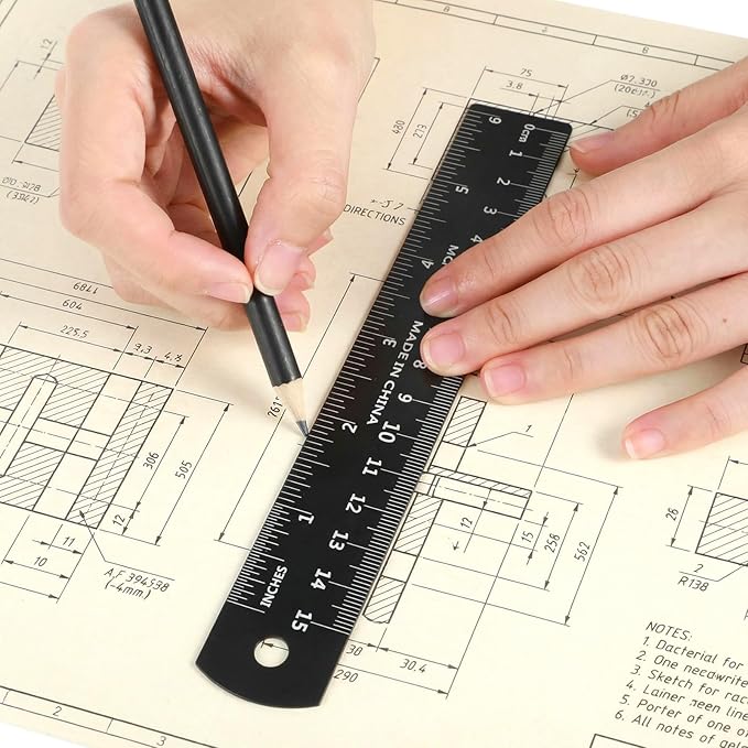 2Pcs 6 Inch 15cm Metal Ruler Set, Stainless Steel Metric Rulers with Centimeters Millimeters Inches, High Contrast Measuring Ruler for School Geometry Office Crafting(Black)