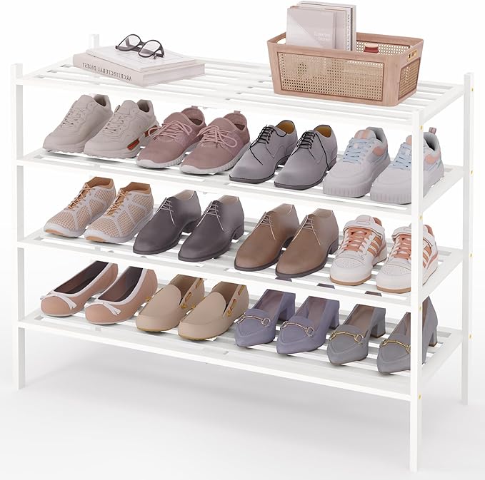 Smiry Long Bamboo Shoe Rack 4-Tier, Stackable Wooden Shoe Organizer for Entryway & Closet, Free Standing Wood Shoe Storage Shelf for Front Door & Small Spaces, White