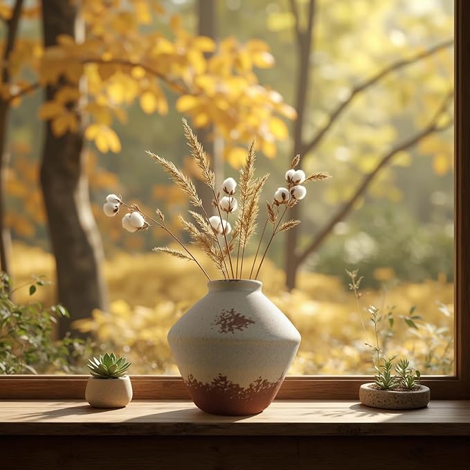 Ceramic Rustic Farmhouse Decor, Pottery Decorative Flower Vases, Boho Vase for Centerpieces,Office, Living Room, Dining Table, Entryway, Shelf, Mantel(Height 6.7 inch-Rustic)