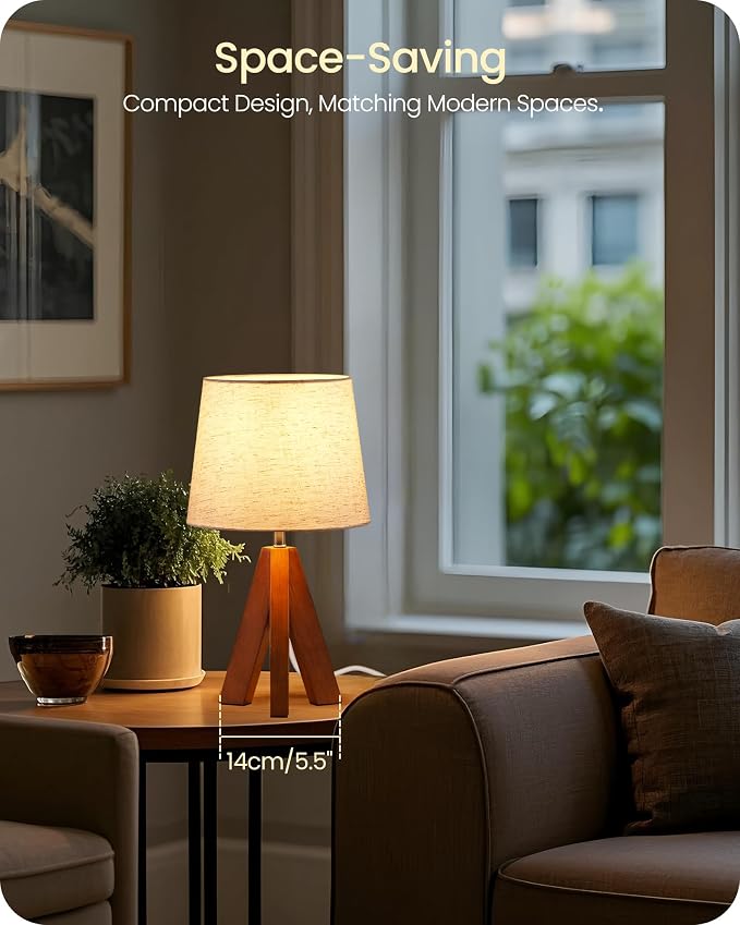 Tripod Table Lamp, 14.6 Inch Small Bedside Lamp with Beige Linen Shade, Modern Nightstand Lamp for Bedroom, Kids Room, Living Room, Nursery, Office, E26 Socket, Dark Wood Base, LE51TL05