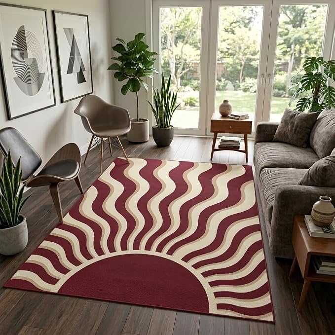 5x7 Retro Abstract Area Rug, Burgundy and Beige Wavy Sunburst Rug, Washable Non-Slip Low Pile Faux Cashmere Rug for Living Room, Bedroom, Home Office