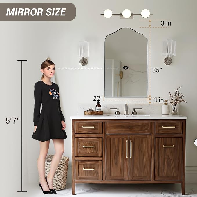 ANDY STAR Scalloped Arched Mirror, 22x35 Brushed Nickel Irregular Bathroom Mirror for Vanity, Asymmetrical Curved Top with Rustproof Stainless Steel Frame, for Entryway, Bedroom, Mantel, Fireplace