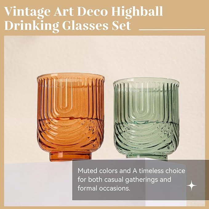 Colored Vintage Drinking Glasses Set of 6-15oz Hand-Blown Highball Ribbed Glassware, Arch Design Cocktail Glasses for Whiskey Water Beverages Ice Coffee Juice Milk
