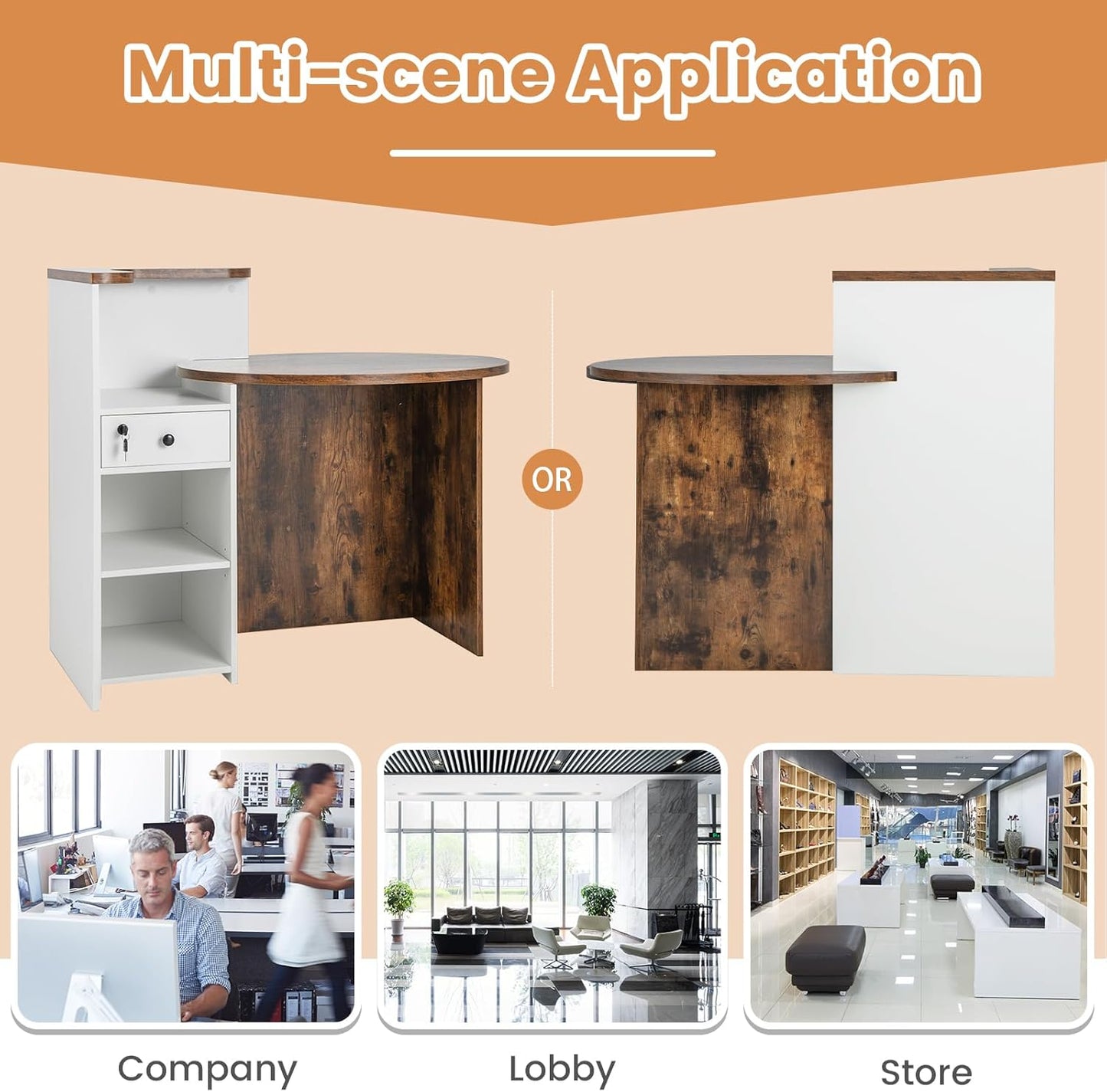 Tangkula Reception Desk - Stylish Front Counter with Lockable Drawer & Adjustable Shelf | Oval Desktop for Salon & Office