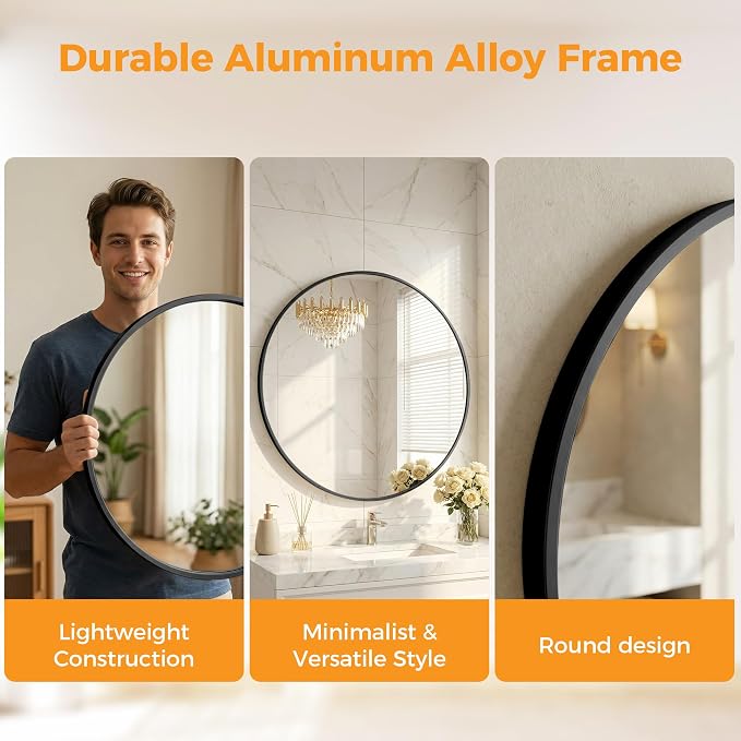 Sweetcrispy Round Bathroom Mirror for Over Sink, 28 Inch Wall Mounted Vanity Mirror with Matte Metal Frame, Decor for Bathroom, Entryway, Bedroom, Black
