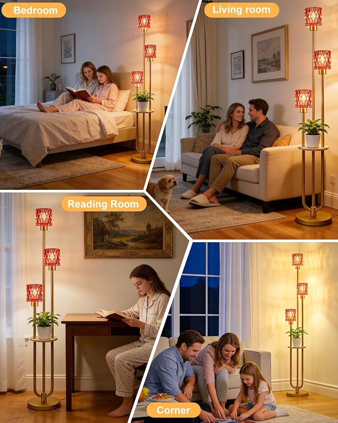 62IN Gold Floor Lamp with Deep Red Glass Shade 3-Lights Mid-Century Modern Farmhouse Floor Lamps with 3000K Warm White Bulbs, Tall Standing Lamp with 5Lbs Heavy Base for Living Room/Bedroom