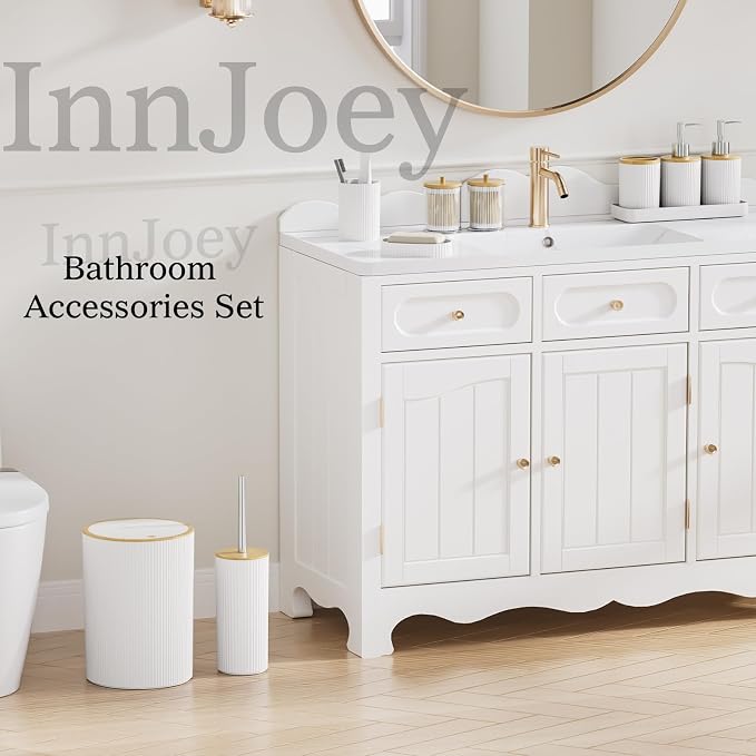 10PC Bathroom Accessories Set - White and Wooden Bathroom Sets, Bathroom Accessory Set with Pop Up Trash Can, Toilet Brush, Trash Can, Qtip Holder & Soap Dispenser