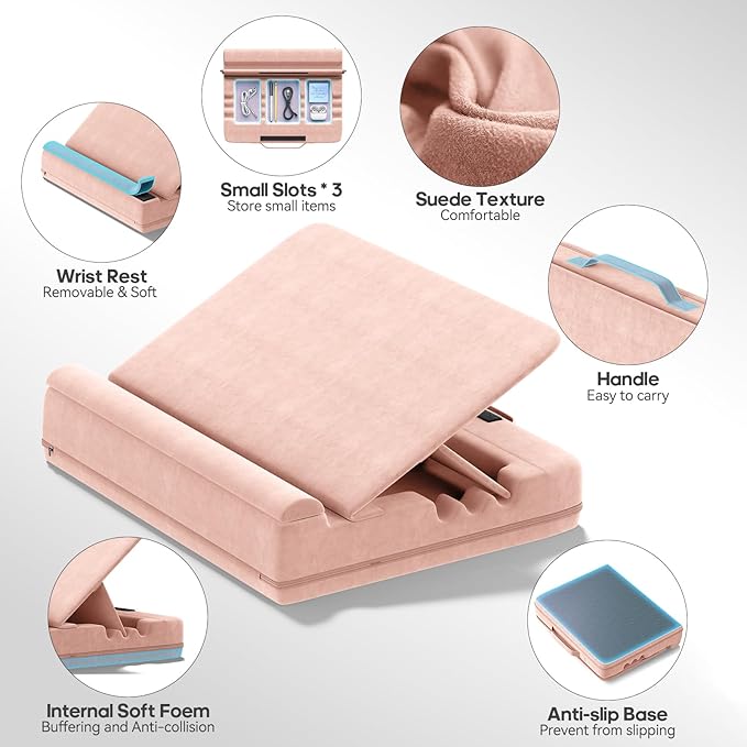 Laptop & Tablet Desk for Lap with Cushion, Computer Lap Desk Laptop Pillow for Couch, Bed, Car, Adjustable Computer Pillow Stand As Carrying Case for up to 15'' PC/Mac, Tablet, iPad, Kindle, Pink