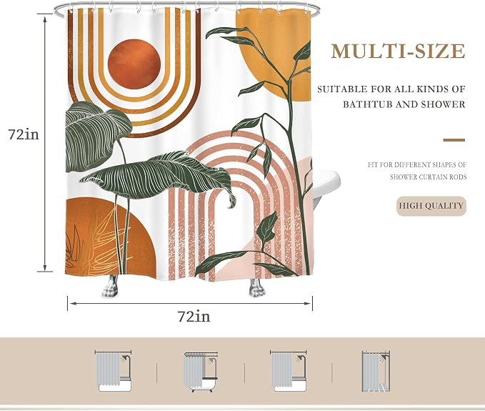Glawry Orange Pink Boho Mid Century Shower Curtain Abstract Retro Tropical Palm Leaf Plant Sun Arch Minimalist Bathroom Geometric 72Wx72L Inches Bath Accessories Art Home Decor Fabric 12 Hooks
