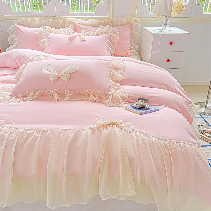 Girls Lace Bedding,Pink Full Comforter Cover Set, Chic Ruffled Duvet Cover with Lovely Bow,Princess Style 1 Duvet Cover with 2 Pillowcases, No Comforter-Pink,Full Size