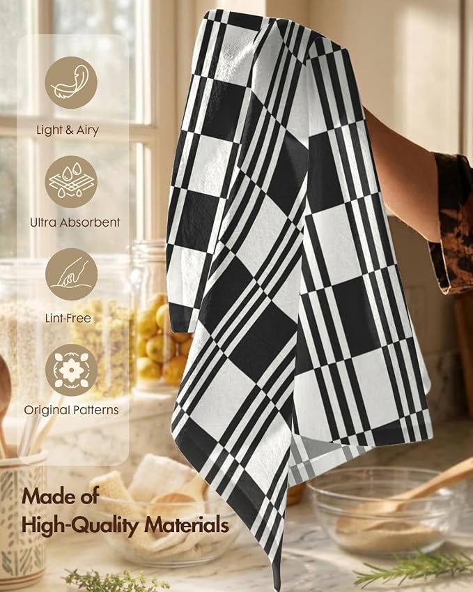 Miss Adola 2 Pack Flour Sack Kitchen Towels - 16x26 Inch Black and White Cotton Dish Towels with Hanging Loop Reusable Modern Tea Towel Absorbent Dishcloths Home Decor, Checkered
