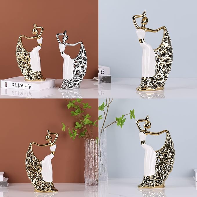 DOVDOV Peacock Statue and Sculpture, Female Dancer Sculpture, Modern Home Golden Ceramic Statue for Coffee Table, Entrance, Living Room, Bedroom Office Decoration Accessories (White Gold)