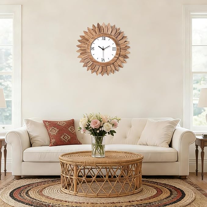 Honiway 14 Inch Wall Clocks Battery Operated Silent Non Ticking Rustic Wood Boho Sunburst Decorative Wall Clock for Living Room Kitchen Bedroom Farmhouse Office Decor (Rustic Brown-Roman Numerals)