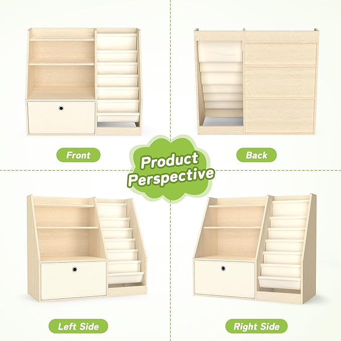 TOETOL Kids Bookshelf & Book Storage，6 Sling Wooden Toddler Book Shelf，3-Tier Wooden Open Bookcase & Storage Organizer Boxes for Nursery, Playroom, Bedroom