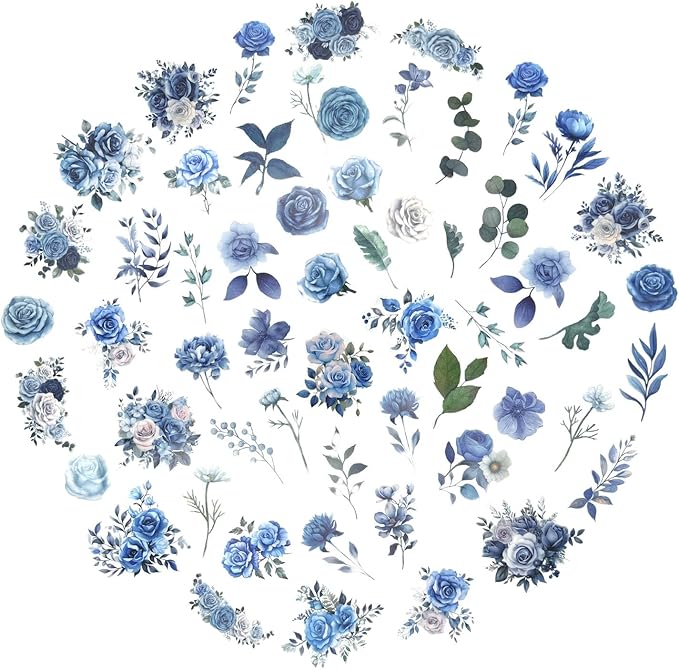 Obujopal 100 Pcs Blue Flower Stickers, Wildflower Stickers for Scrapbooking Junk Journal Card Making Collage Notebook Diary Planner Letter Envelope Water Bottle Phone Case Craft Decoration (Blue)
