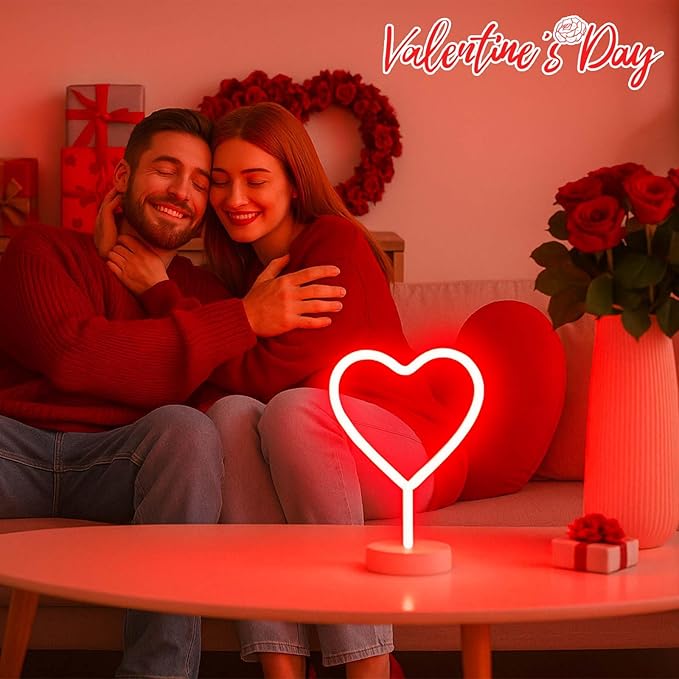 BHCLIGHT Red Heart Neon Sign, Valentines Day LED Neon Light Battery Operated or USB Powered Valentines Red Heart Lights, Table Lamp for Galentines Day Decorations, Wedding, Gifts for Women, Lover.