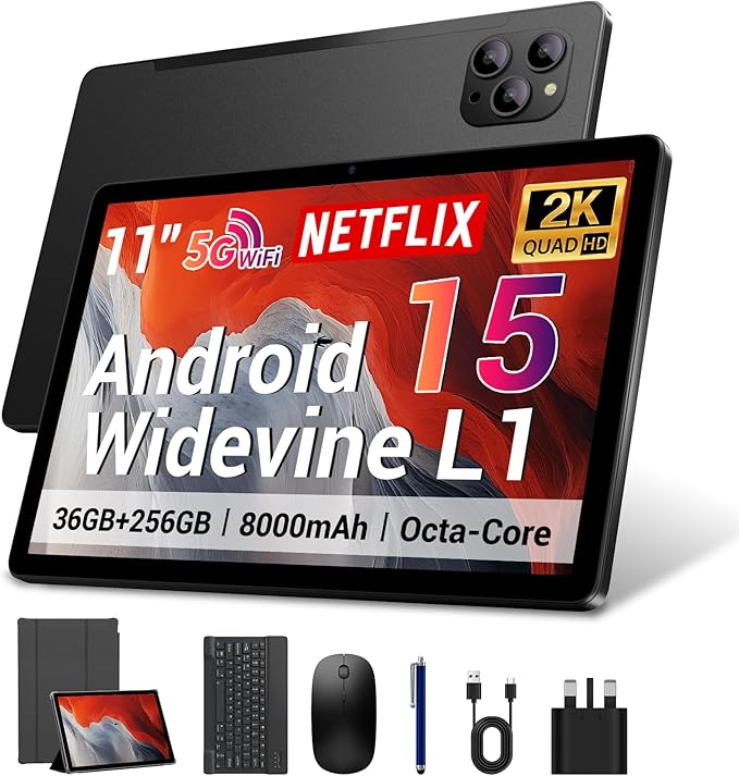 DEZLTID 2025 Android 15 Tablet 11 Inch with Keyboard Stylus Mouse: 2K IPS Tablette (2000x1200) 丨Widevine L1,36GB+256GB(1TB TF), 5G/2.4G WiFi, 8-Core, 8000mAh,8+13MP, AnTuTu 255K丨GMS丨FCC丨CE- Black