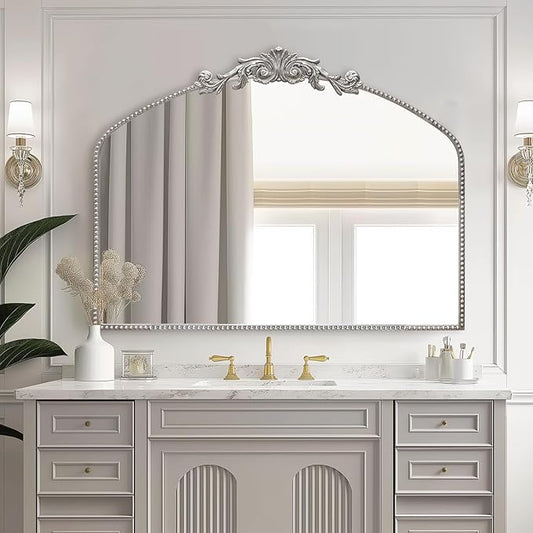 Antique Silver Arch Wall Mirror, 40"x30" Vintage Mantel Mirror with Ornate Metal Frame, Baroque Home Decor for Fireplace/Entryway/Bathroom/Living Room/Hallway