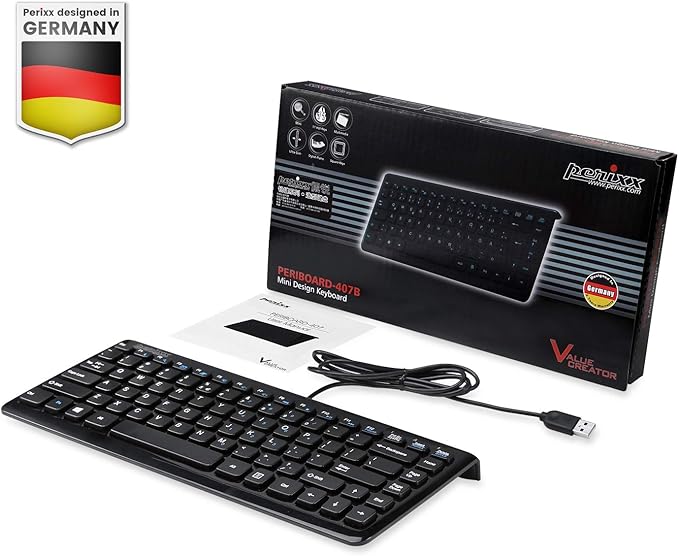 Perixx PERIBOARD-407B US, Wired USB Mini Keyboard with 11 Hot Keys - Glossy Black - US English Layout
