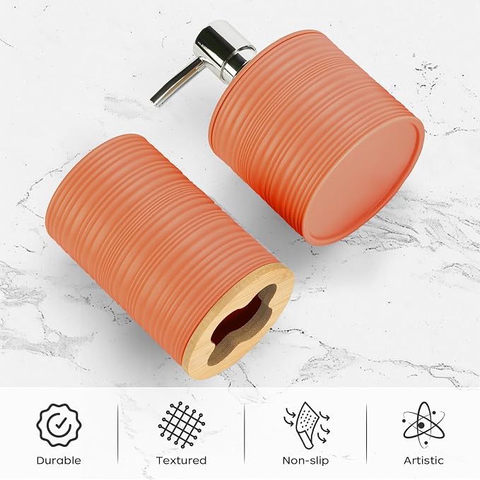 2 PCS Orange Bathroom Accessories Set, Soap Dispenser and Toothbrush Holder Set, Plastics & Bamboo Bathroom Set, Bohemian Style Bathroom Sink Set
