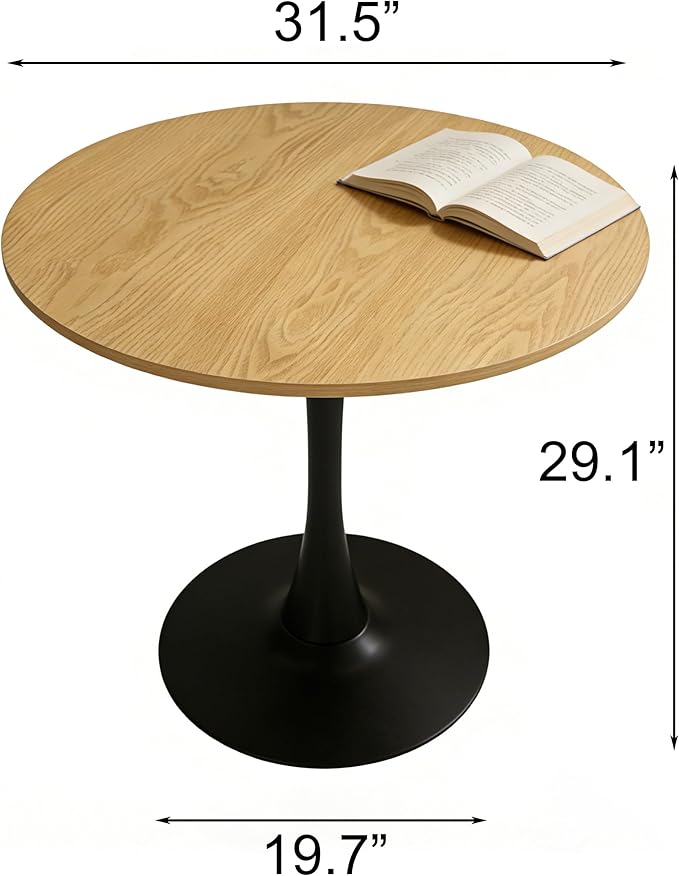 31.5" Round Dining Table, Modern Tulip Table with Natural Wood Grain MDF Top & Black Steel Pedestal Base, Mid Century Kitchen Table for Small Spaces, Apartment, Breakfast Nook, Office