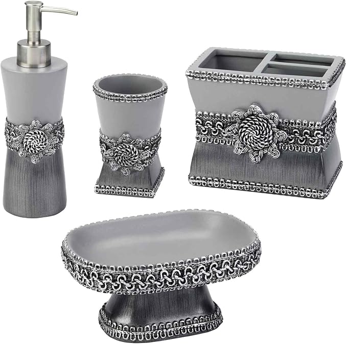 Avanti Linens - Accessory Set, Resin Tumbler, Toothbrush Holder, Soap Dish & Lotion Pump, Durable Bath Decor (Braided Medallion Collection, Granite)