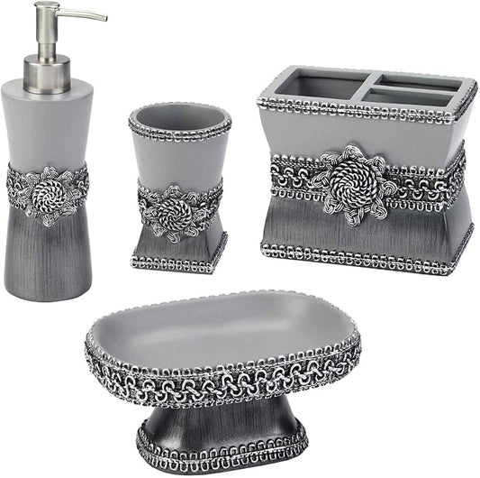 Avanti Linens - Accessory Set, Resin Tumbler, Toothbrush Holder, Soap Dish & Lotion Pump, Durable Bath Decor (Braided Medallion Collection, Granite)