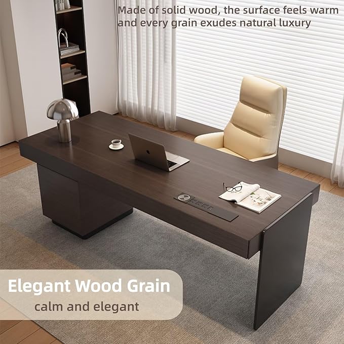 Modern Executive Desk with Drawers 62.99IN(Storage Base)(Wooden Texture) Home Office Desks Include Multi-Function Socket,Large Desktop