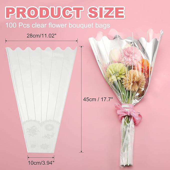 YELARXI Clear Flower Wrapping Bags, Transparent Flower Packaging Bag Waterproof Bouquet Sleeves with Lace - Fitting for (Florists/Floral Arrangements Supplies), 11.0x3.9x17.7 Inch & 100Pcs