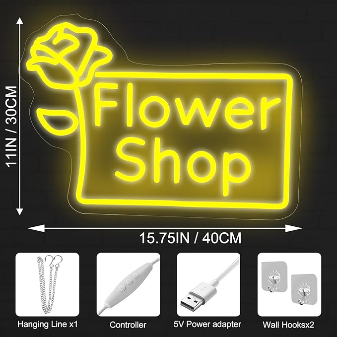 Flower Shop Neon Sign Plants Market Decor Flower Bar Sign Home Business Decor for Room,Party,Bedroom, Birthday Party, Pub, Bar, Salons, Coffee Shops, Beer Bar, Shop Window Store Display Yellow